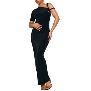 NWT PrettyLittleThing Black Slinky Twist Shoulder Midaxi Dress